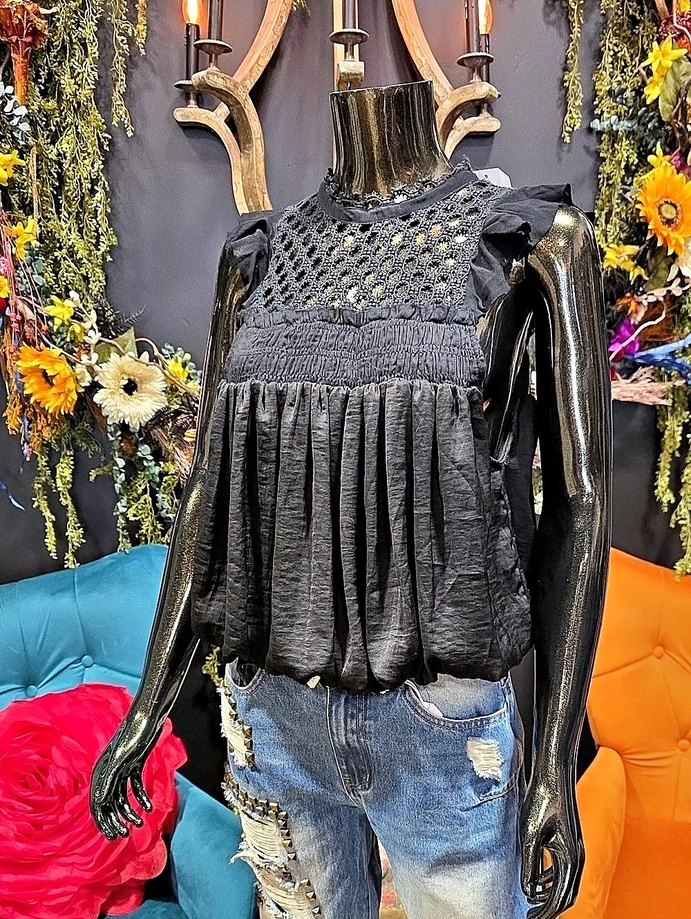 Free People Black Ruffle/Smocked/Cut Out Bubble Style Top- Rare